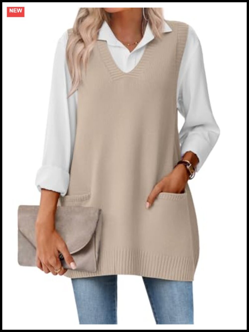 Sweater Vest Oversized Sleeveless V Neck Knit Pullover w Pockets